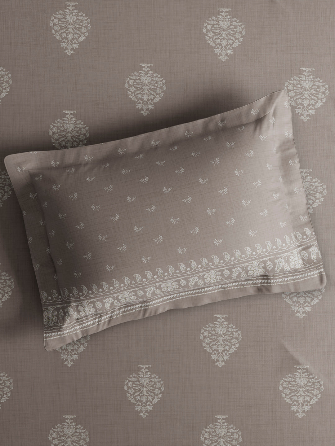 Luxe Loom 100% Cotton 600 TC King Bedsheet with 2 Pillow Covers | Grey Ethnic Print Bedsheet Set