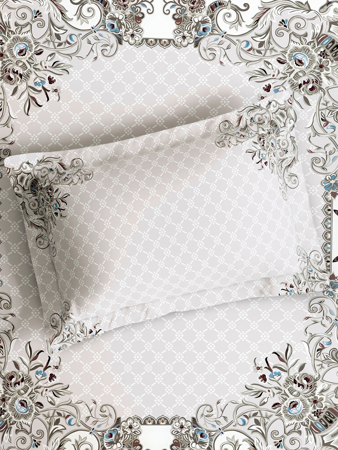 Luxe Loom 100% Cotton 600 TC King Bedsheet with 2 Pillow Covers | Grey Ethnic Print Bedsheet Set