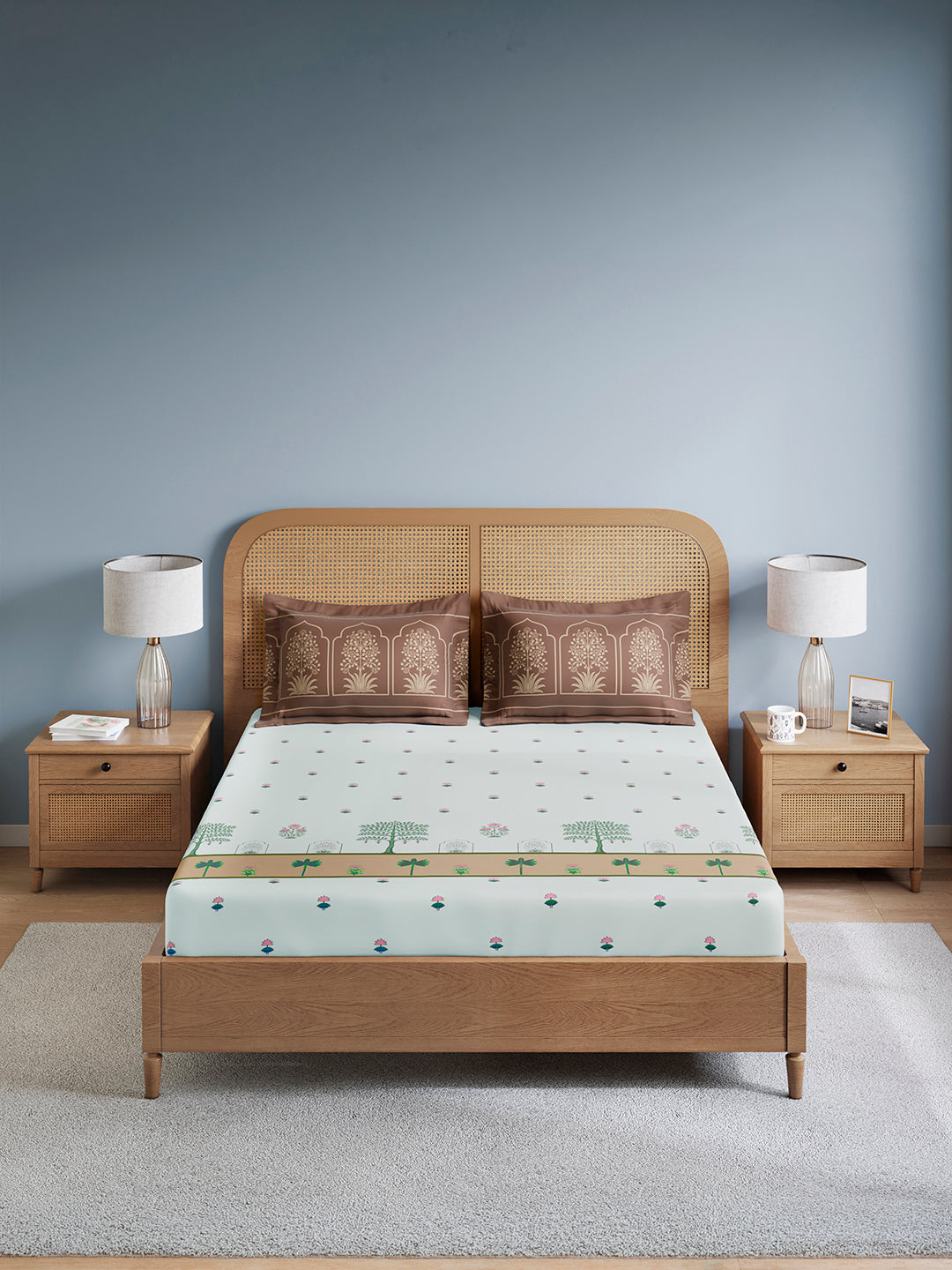 Embrace 100% Cotton King Bedsheet with 2 Pillow Covers | Brown & Blue Floral Bedsheet Set