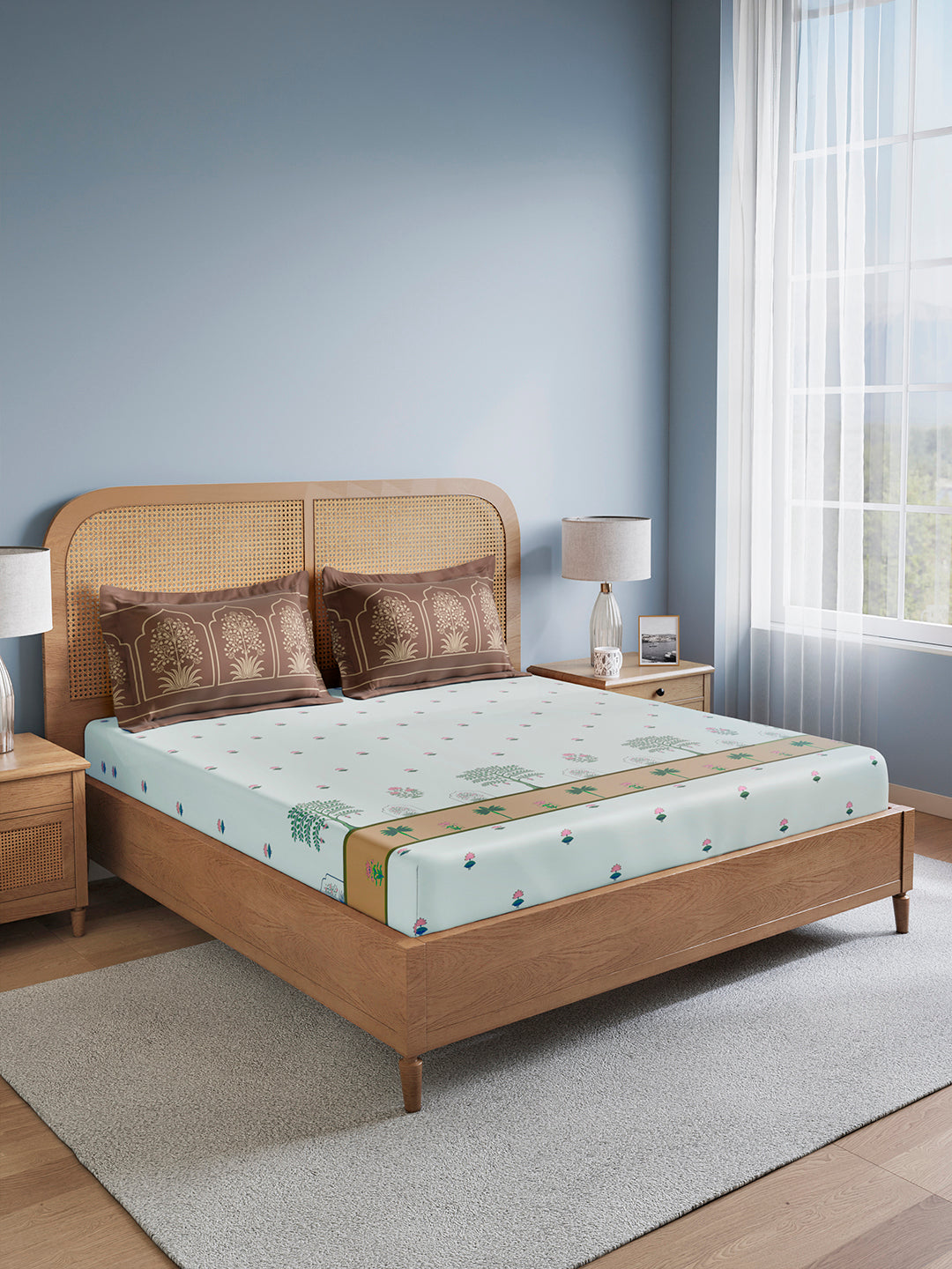 Embrace 100% Cotton King Bedsheet with 2 Pillow Covers | Brown & Blue Floral Bedsheet Set