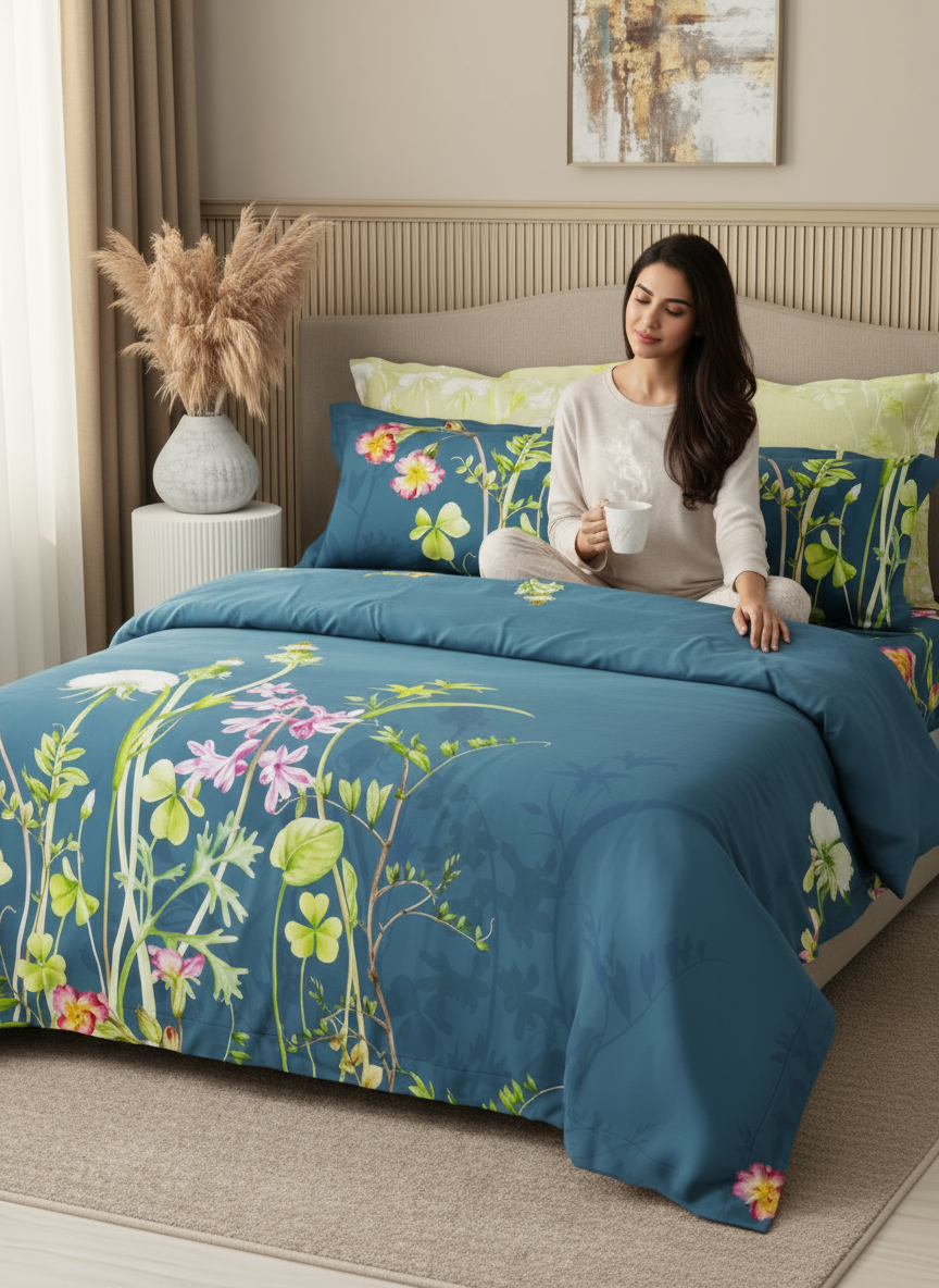 Boutique Living bedsheet category showcasing premium 100% cotton blue floral bedsheets styled in a serene modern bedroom for luxurious comfort.
