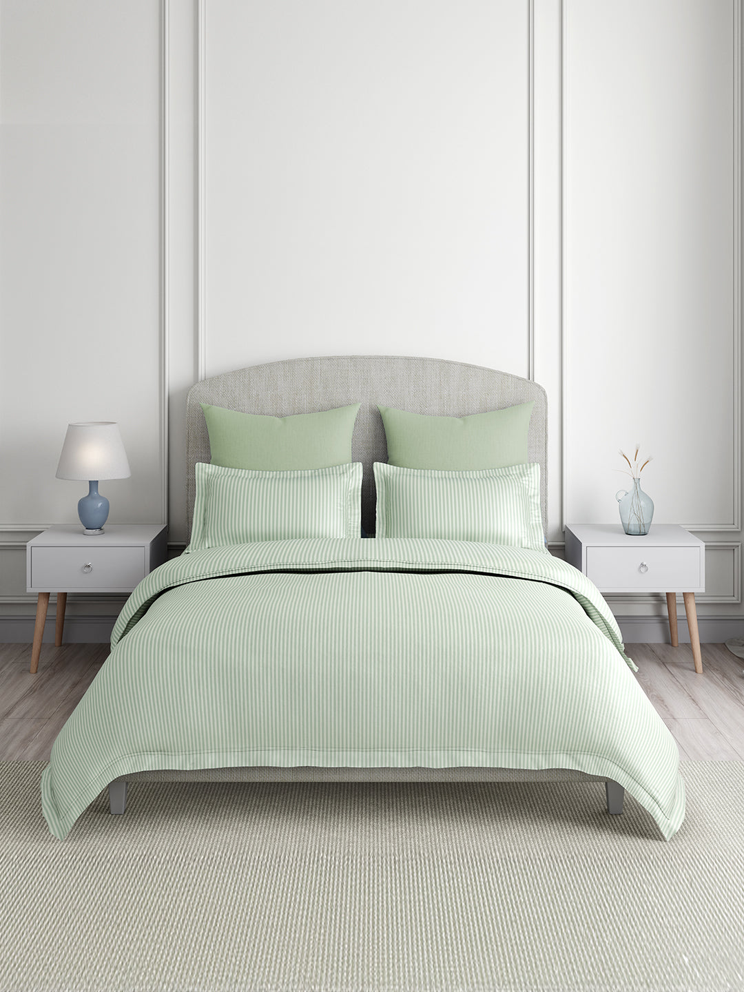 Emblem 100% Cotton 300 TC King Bedsheet with 2 Pillow Covers | Green Stripes Bedsheet Set