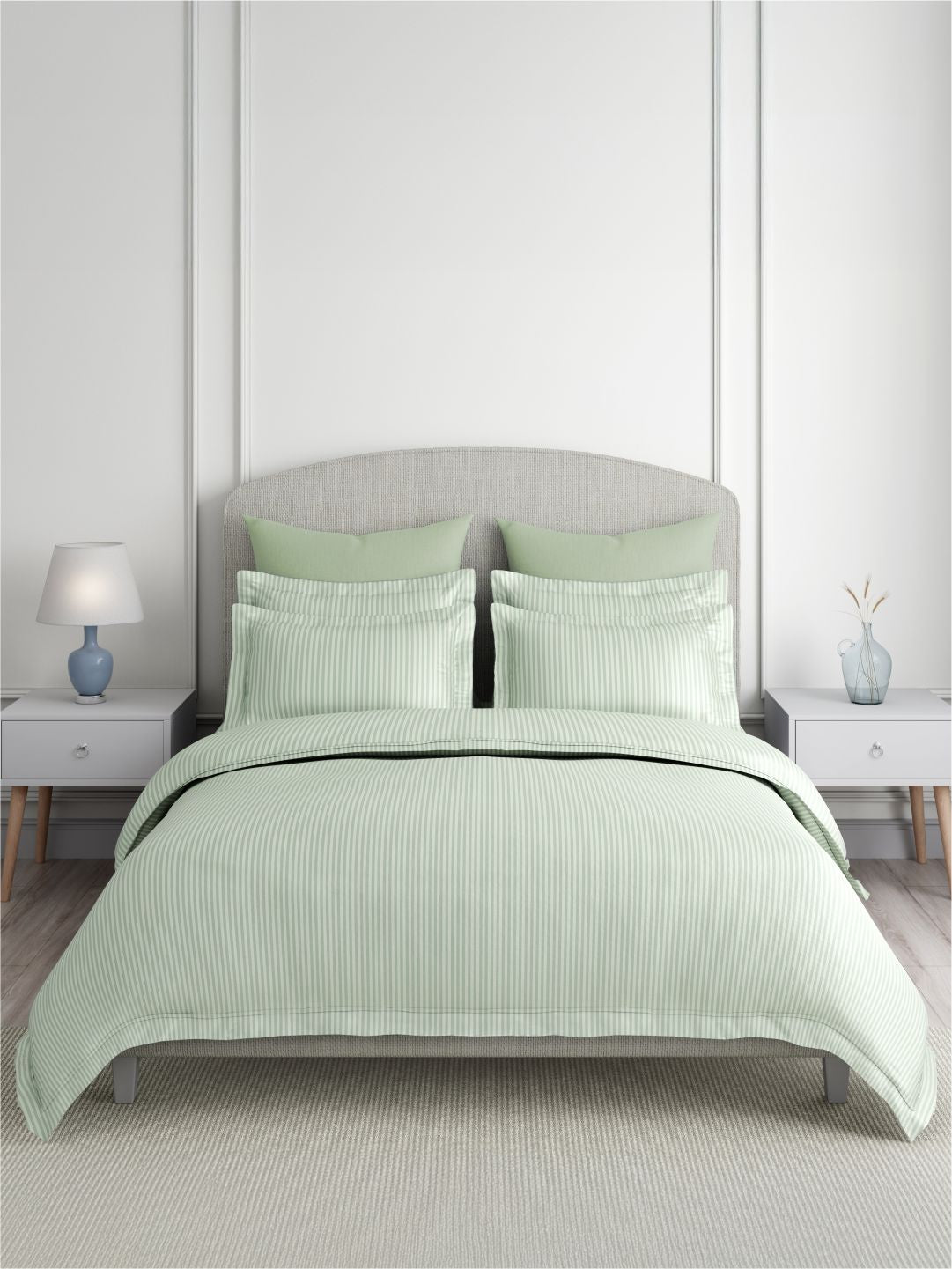 Emblem 100% Cotton 300 TC King Bedsheet with 2 Pillow Covers | Green Stripes Bedsheet Set