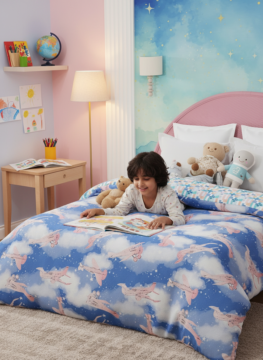 100% Cotton Blue Reversible Double Comforter For Kids, 200 TC Airplane Print, Rock N Room Collection