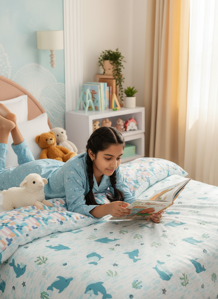 100% Cotton Blue & White Reversible Double Comforter For Kids, 200 TC Dolphin Print, Rock N Room Collection