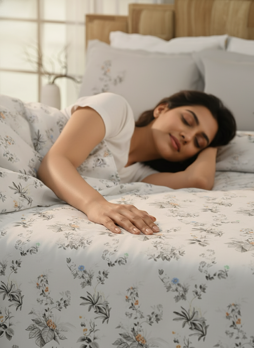 100% Cotton 300 TC White & Grey Digital Floral Print King Bedsheet with 2 Pillow Covers - Gardenia Augusta