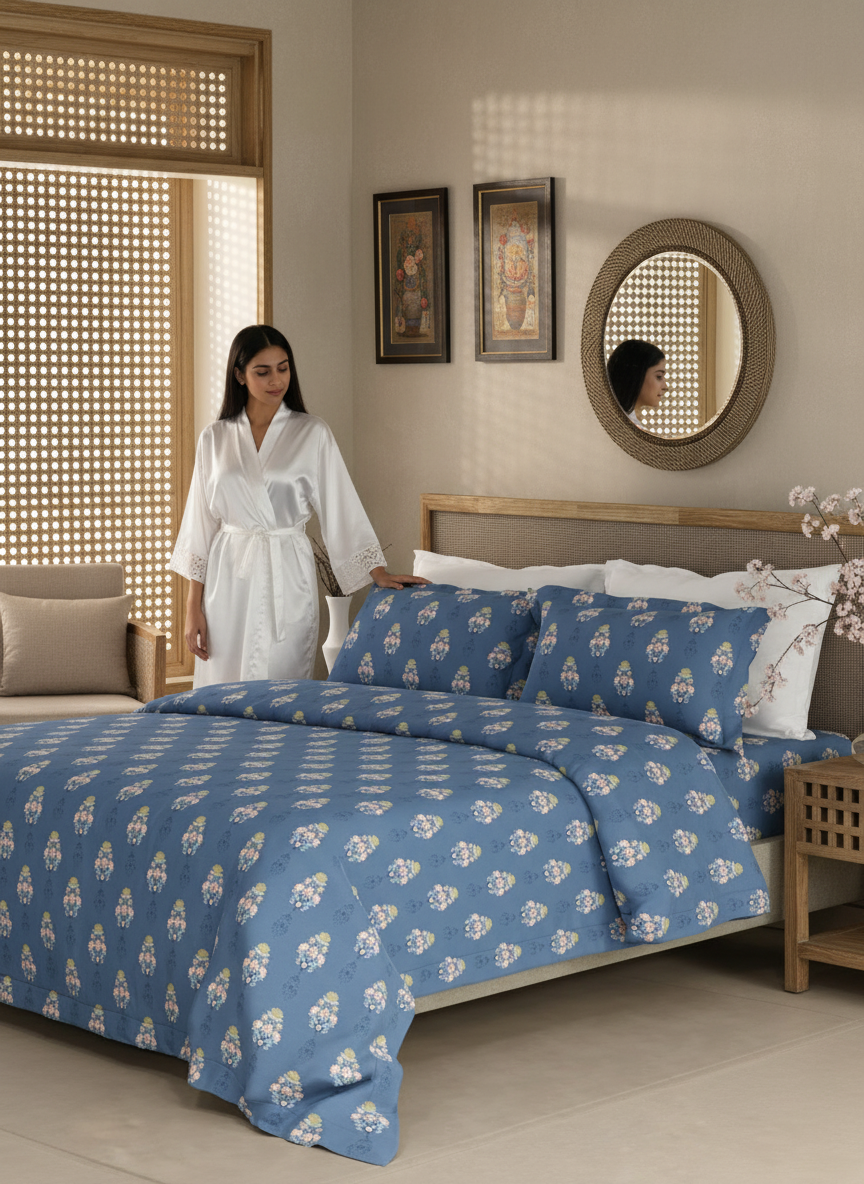 100% Kasturi Cotton King Bedsheet Set, 200 TC Blue Floral, Indo Musk
