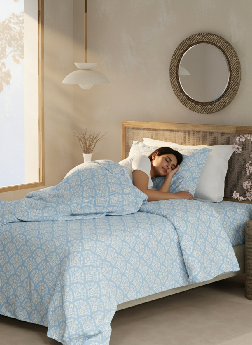 Cottage Garden 100% Cotton 300 TC Single Bedsheet with 1 Pillow Cover - Blue & White Floral