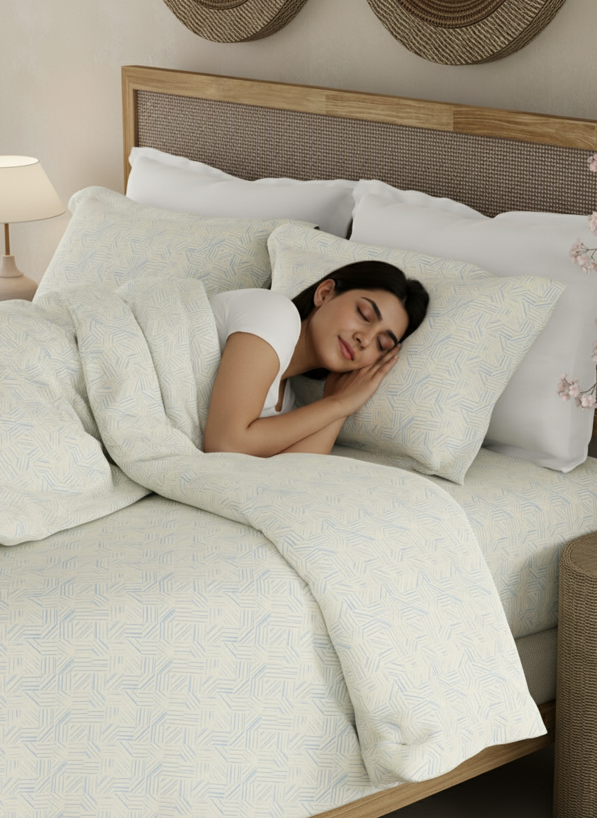 100% Cotton 300 TC King Bedsheet with 2 Pillow Covers - Blue & White Geometrical Print, Cottage Garden