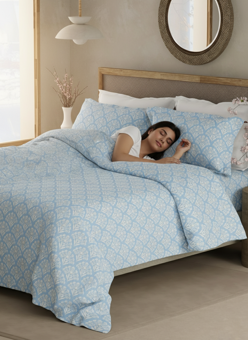 100% Cotton 300 TC King Bedsheet with 2 Pillow Covers - Blue & White Floral, Cottage Garden