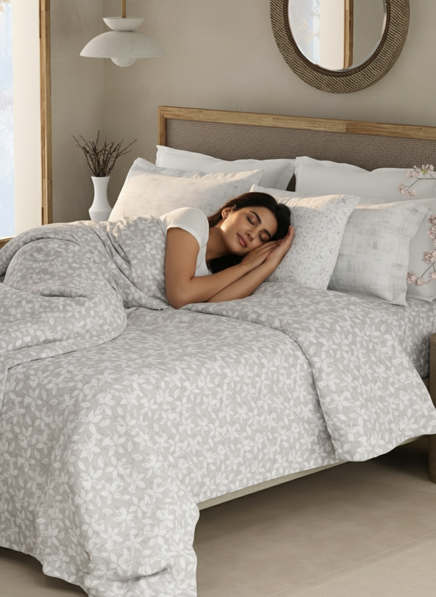 Valatia 100% Cotton 200 TC Double Bedsheet with 2 Pillow Covers - Grey & White Floral