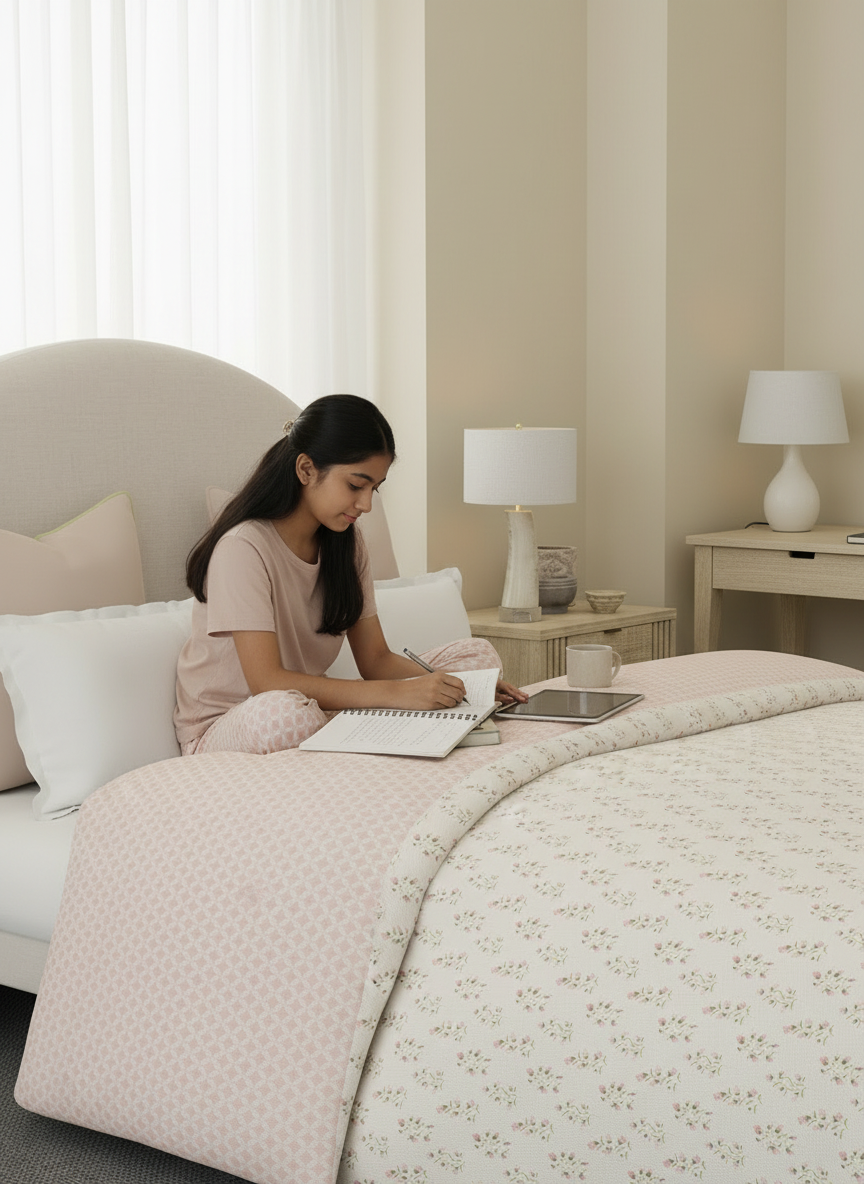Reversible Double Comforter 100% Cotton 300 TC — Pink Floral Design | For Mild Winter, All Season Cottage Garden Collection, Cozy Winter Bedding