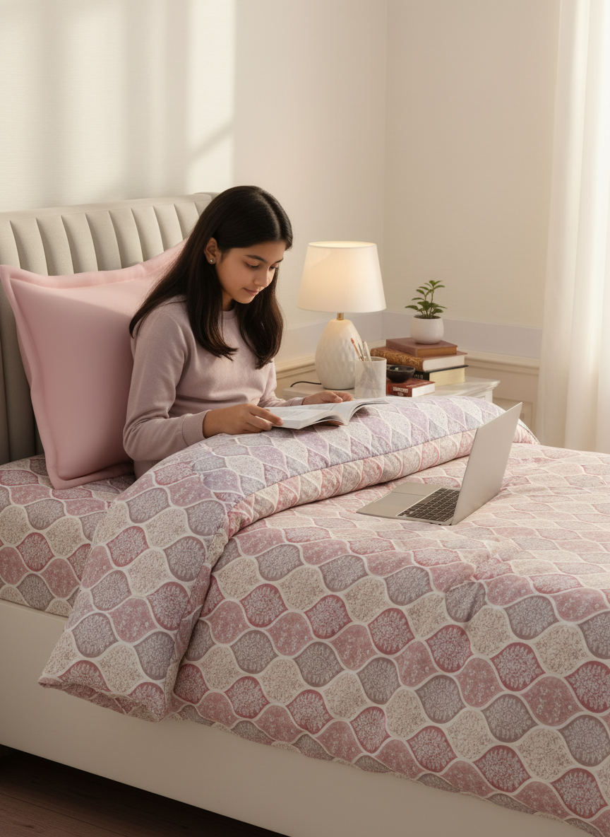100% Cotton Reversible Single Comforter, 152 TC Pink & Purple Floral Print, Embrace Collection