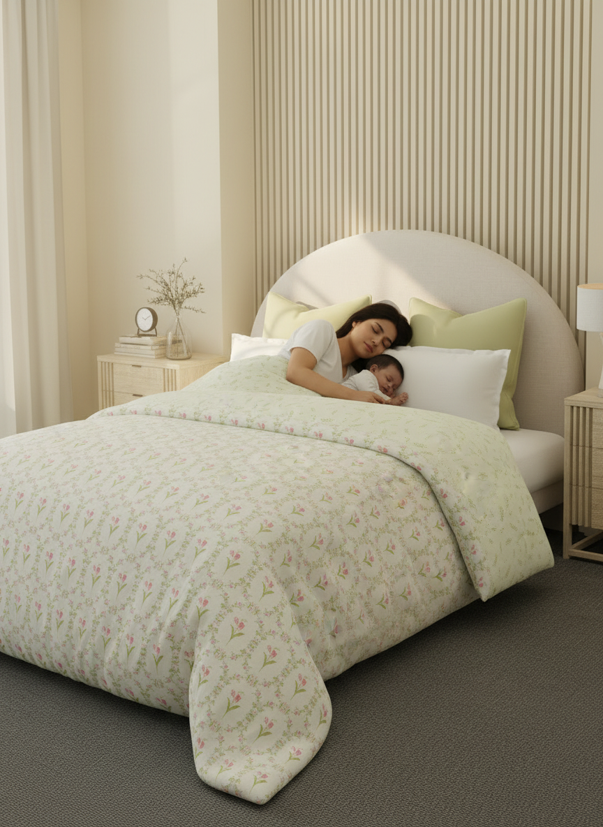 Reversible Double Comforter 100% Cotton 300 TC — Green & Pink Floral Design | For Mild Winter, All Season Cottage Garden Collection, Cozy Winter Bedding