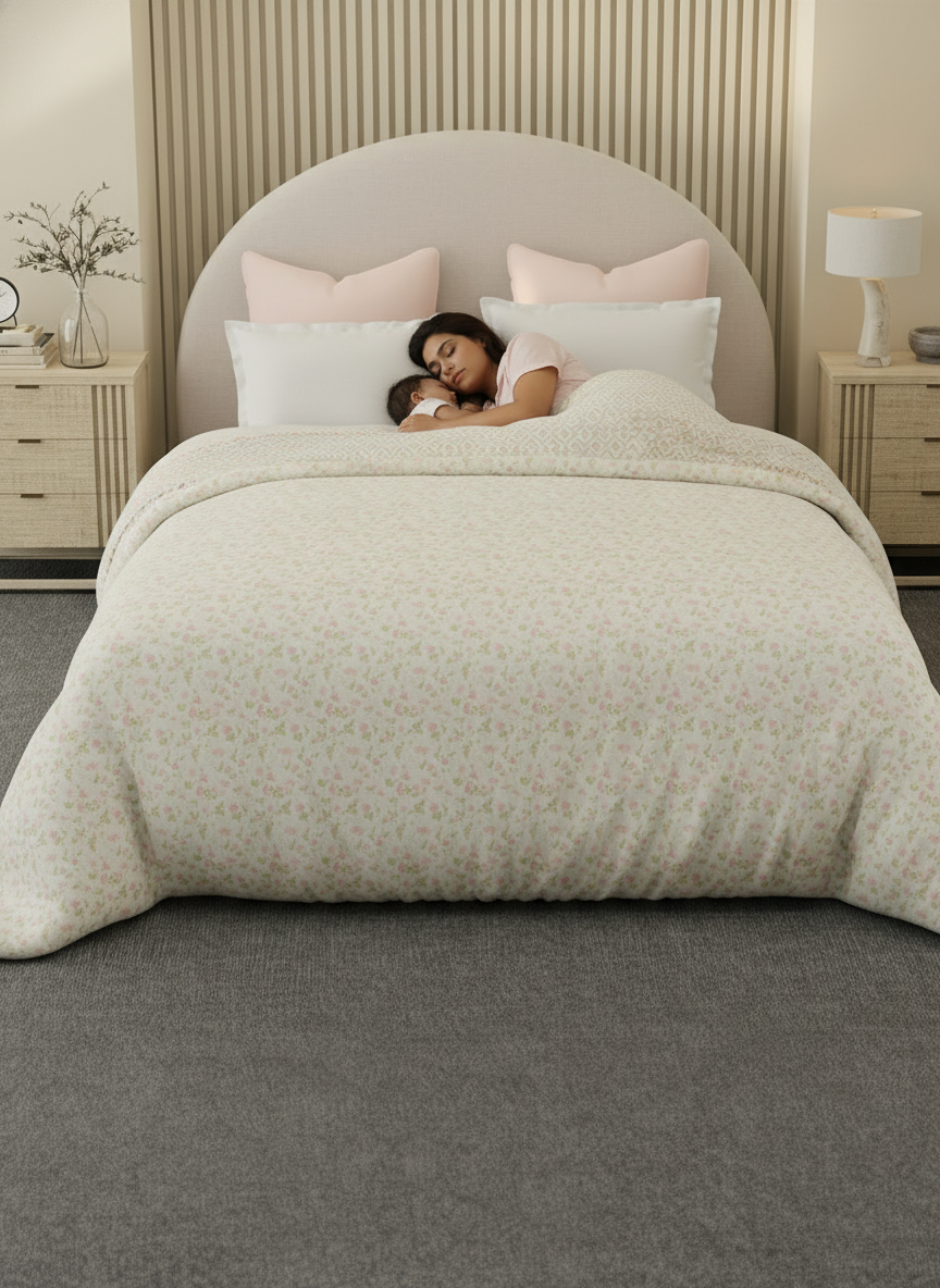 Reversible Double Comforter 100% Cotton 300 TC — Pink Floral Design | For Mild Winter, All Season Cottage Garden Collection, Cozy Winter Bedding