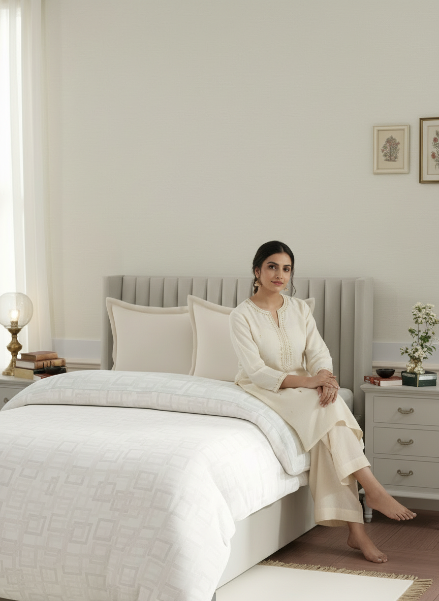 100% Cotton Reversible Single Comforter, 152 TC Grey & Cream Geometrical Print, Embrace Collection