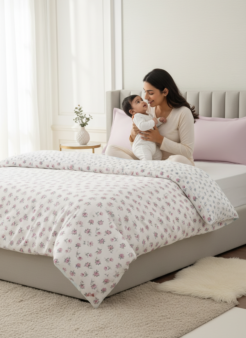 100% Cotton Reversible Double Comforter, 152 TC Blue & Pink Floral Print, Embrace Collection