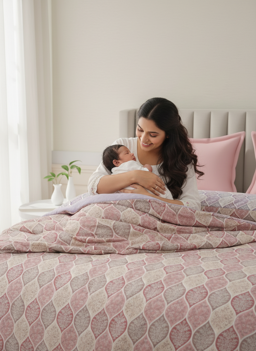 100% Cotton Reversible Double Comforter, 152 TC Pink & Purple Floral Print, Embrace Collection