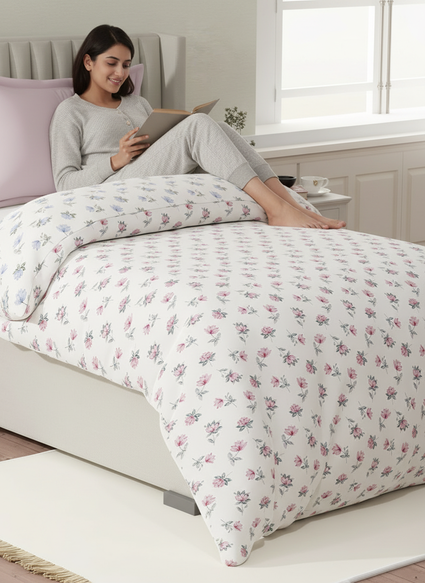 100% Cotton Reversible Single Comforter, 152 TC Blue & Pink Floral Print, Embrace Collection