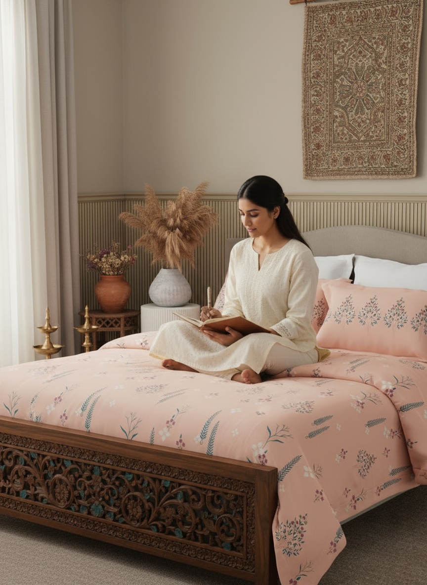 Valatia 100% Cotton 200 TC Karigari Printed Double Bedsheet with 2 Pillow Covers - Peach