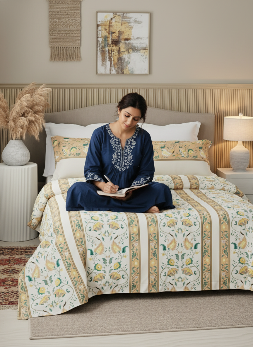 Valatia 100% Cotton 200 TC Karigari Printed Double Bedsheet with 2 Pillow Covers - Yellow & White