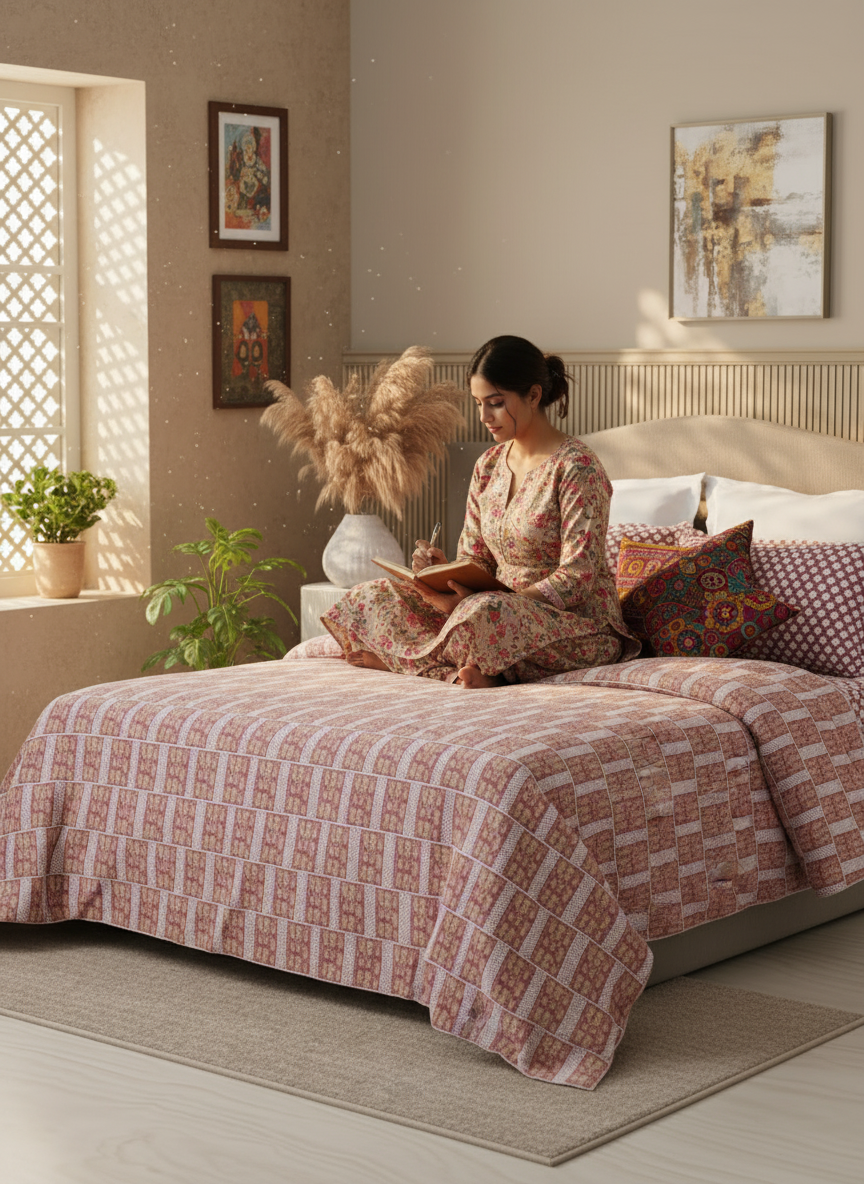 Valatia 100% Cotton 200 TC Karigari Printed Double Bedsheet with 2 Pillow Covers - Pink