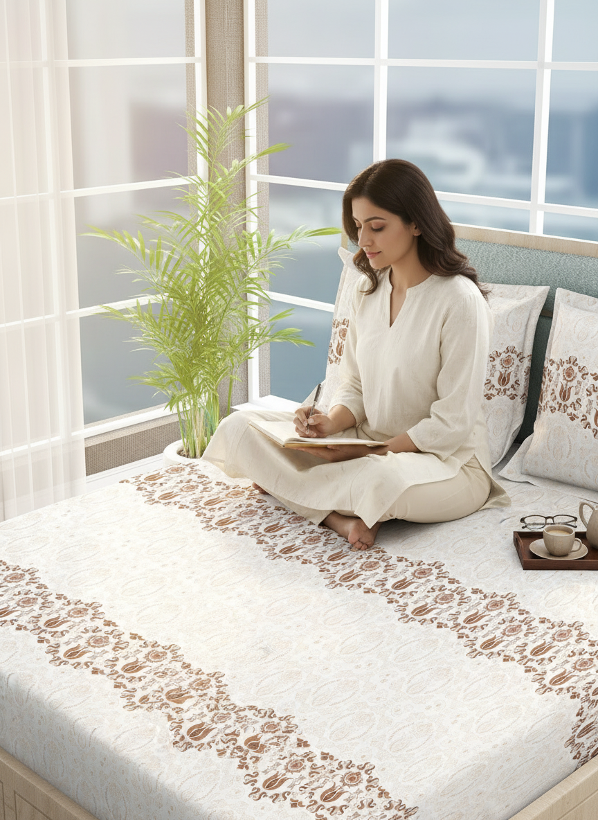 Siesta 100% Cotton 200 TC White Ethnic Print King Bedsheet with 2 Pillow Covers