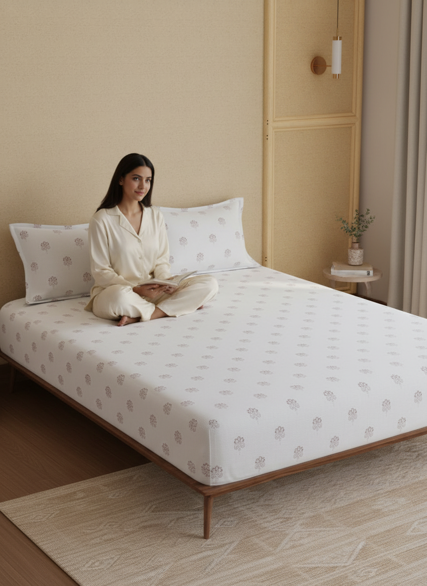 King Bedsheet Set, 100% Kasturi Cotton 200 TC, White Printed, Indo Musk