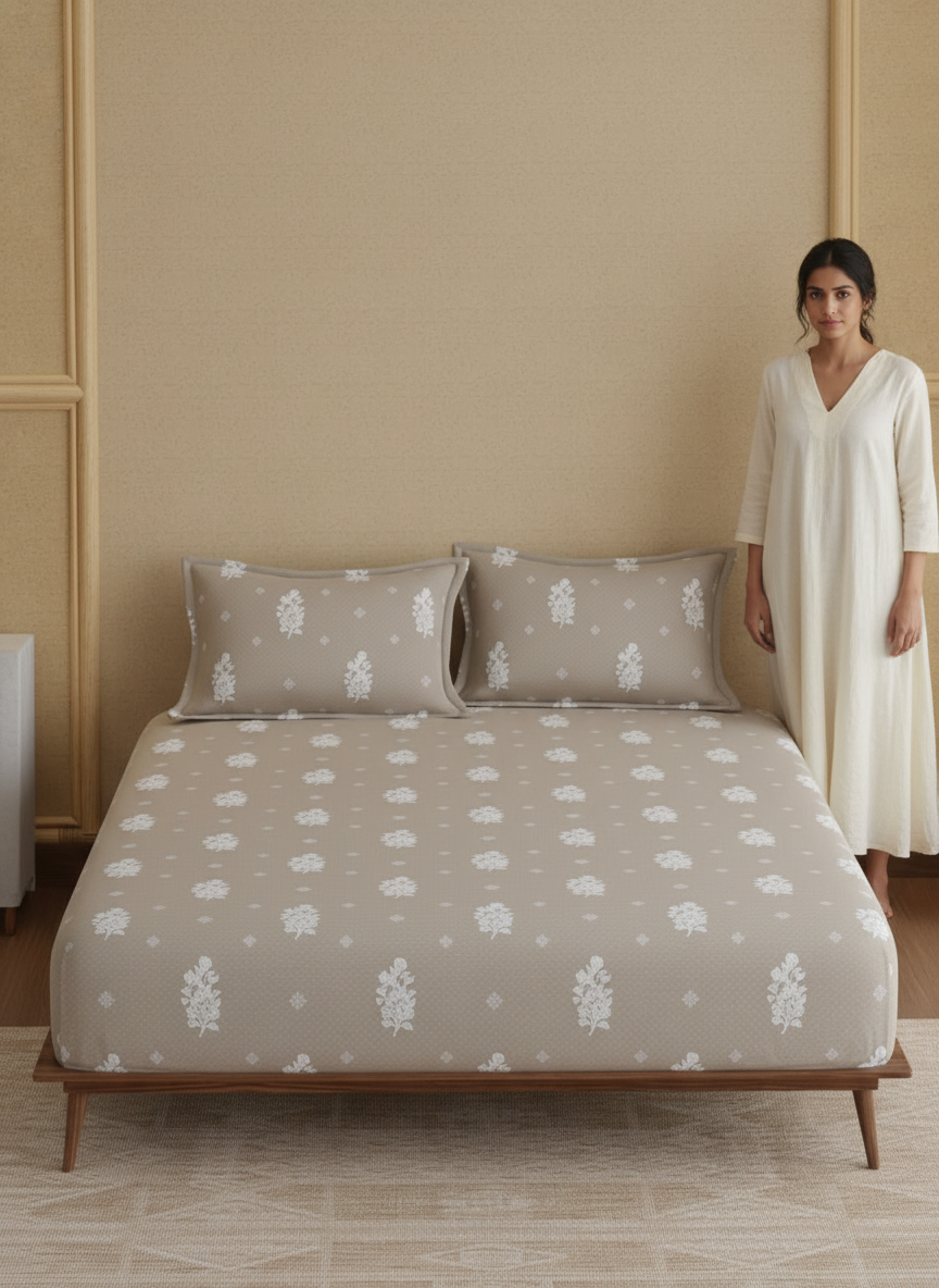 King Fitted Sheet Set, 100% Kasturi Cotton 200 TC, Grey Printed (78 L x 72 W + 13 H inches), Indo Musk