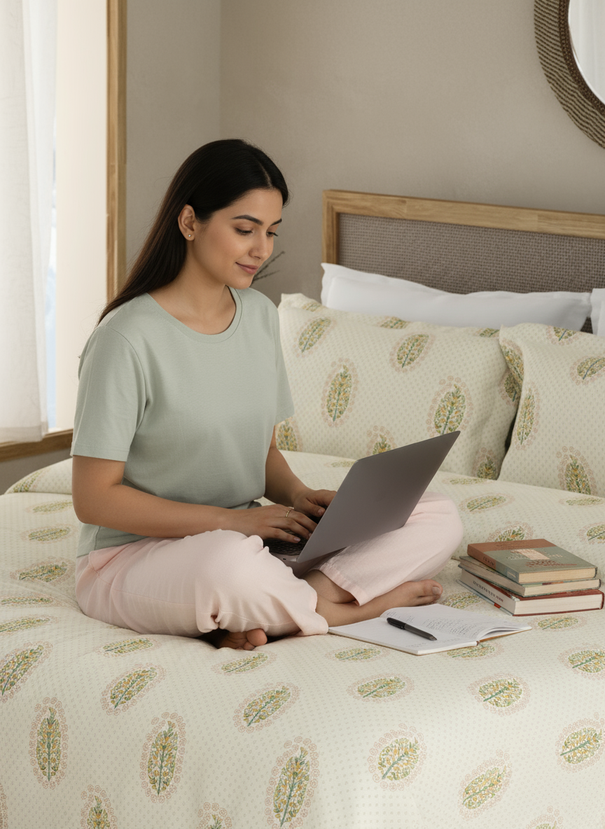 100% Kasturi Cotton King Bedsheet Set, 200 TC Cream Floral, Indo Musk