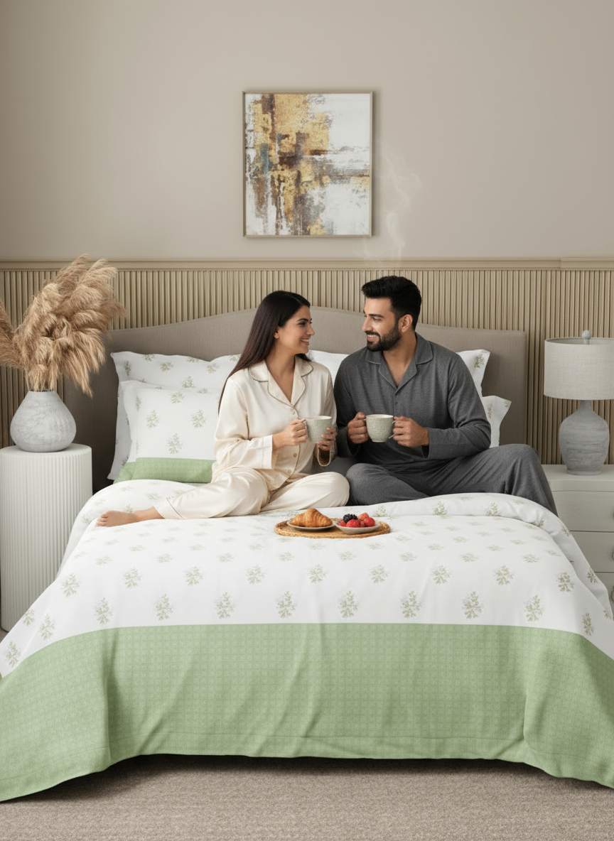 Royal Essence 100% Cotton 400 TC Green & White Floral King Bedsheet with 4 Pillow Covers & 2 Cushion Covers