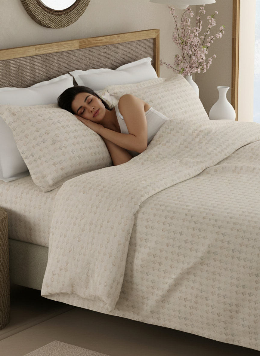 100% Cotton 300 TC King Bedsheet with 2 Pillow Covers - White Geometrical Print, Cottage Garden