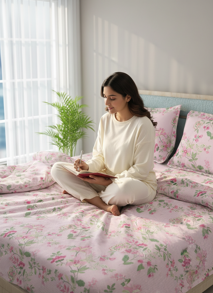 Siesta 100% Cotton 200 TC Pink Floral Print King Bedsheet with 2 Pillow Covers