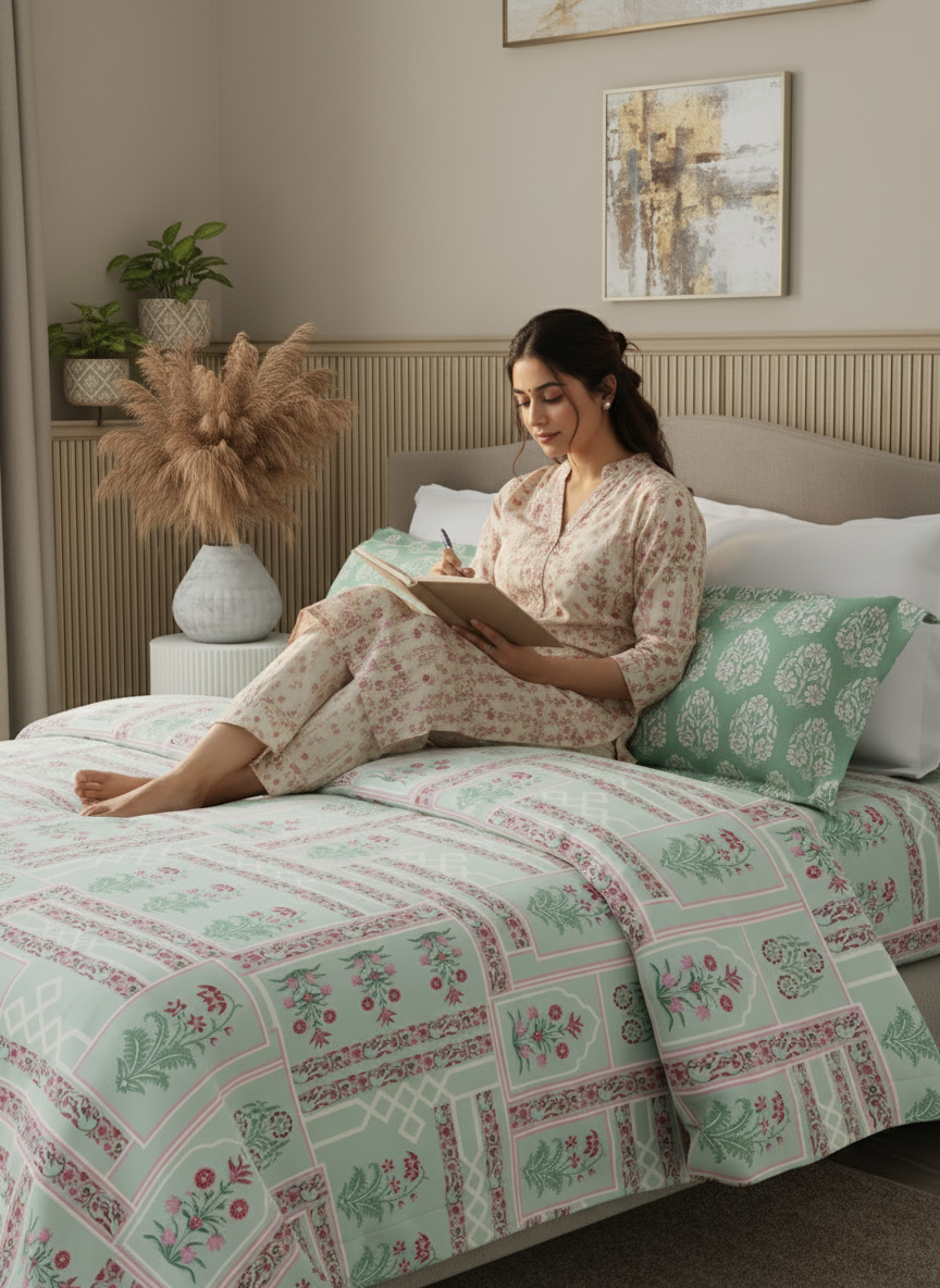 Valatia 100% Cotton 200 TC Karigari Printed Double Bedsheet with 2 Pillow Covers - Green & Pink