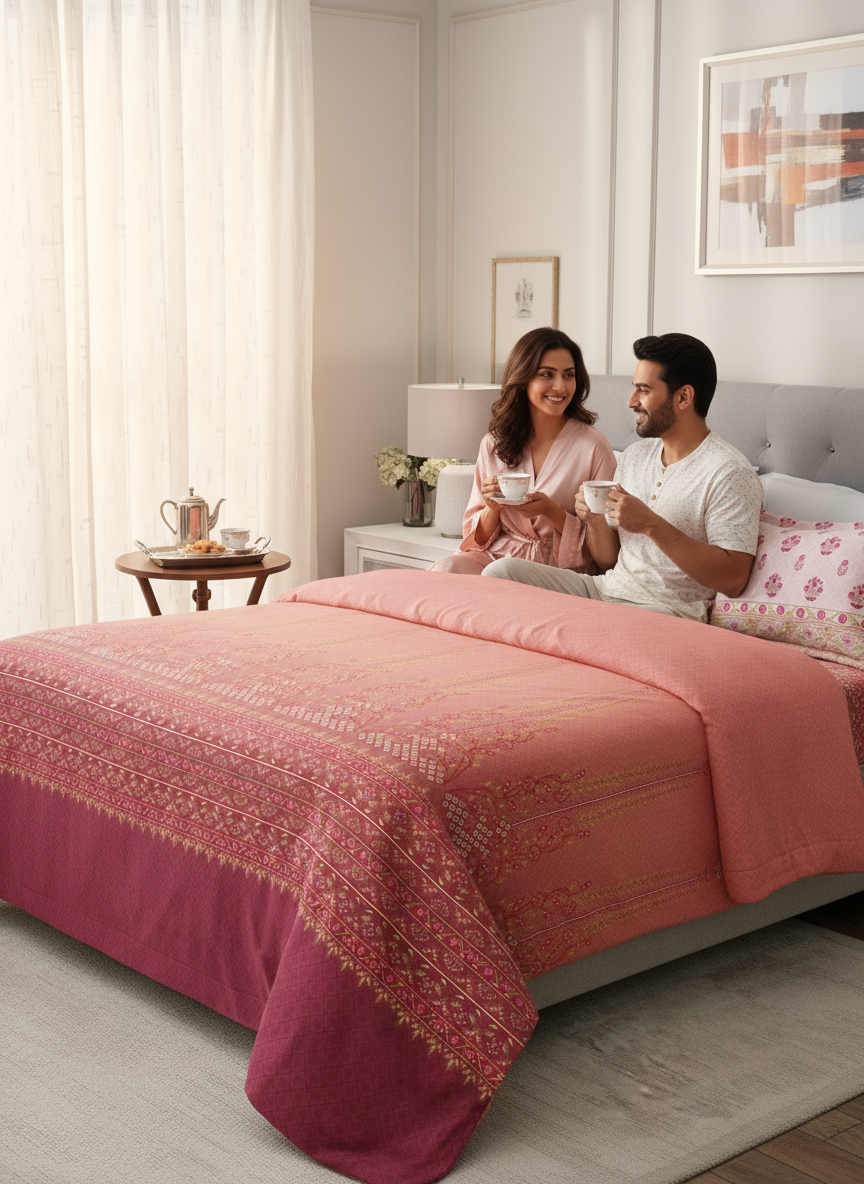 Couple sitting on a bed with pink and purple bedding in a bedroom.