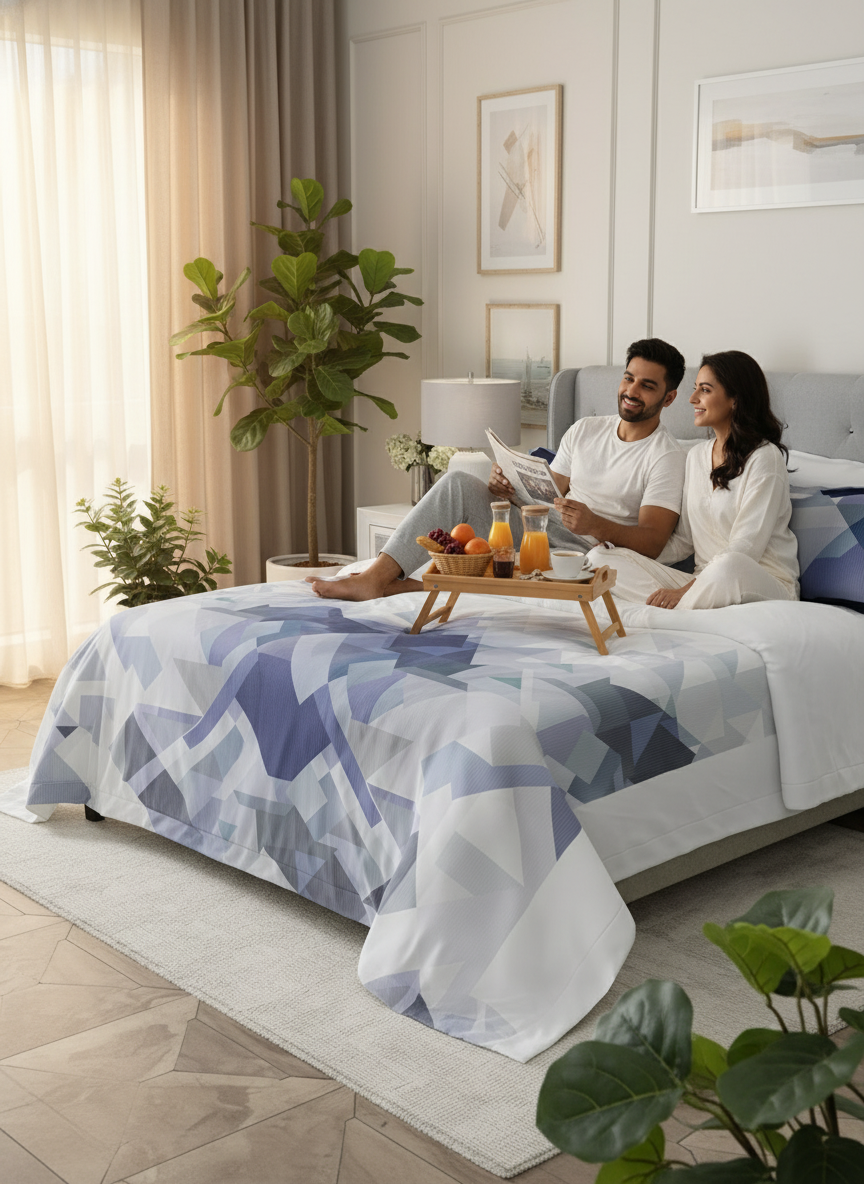 100% Cotton 300 TC Blue & Grey Digital Geometrical Print King Bedsheet with 2 Pillow Covers - Gardenia Augusta