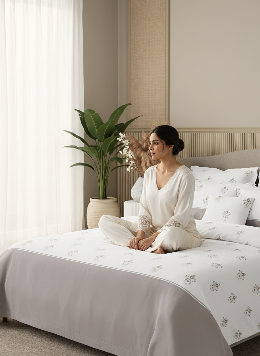 Royal Essence 100% Cotton 400 TC Grey & White Floral King Bedsheet with 4 Pillow Covers & 2 Cushion Covers