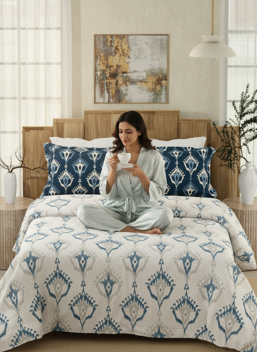 Gardenia Augusta 100% Cotton 300 TC Blue & White Digitally Printed King Bedsheet with 2 Pillow Covers