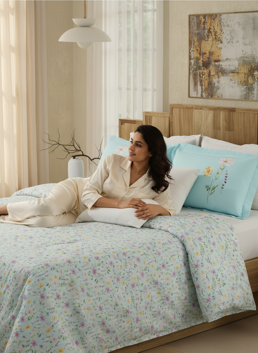 100% Cotton 300 TC Blue Digital Floral Print King Bedsheet with 2 Pillow Covers - Gardenia Augusta