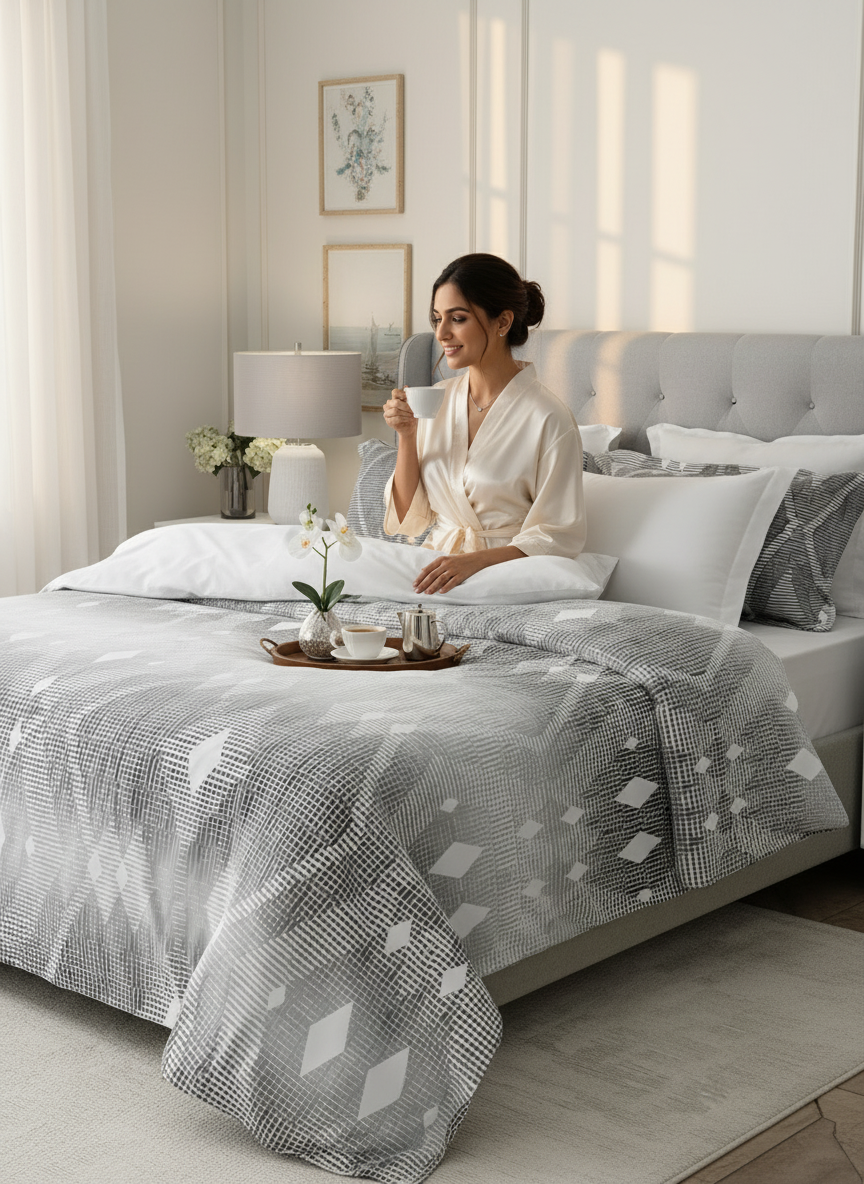 100% Cotton 300 TC Grey Digital Geometrical Print King Bedsheet with 2 Pillow Covers - Gardenia Augusta