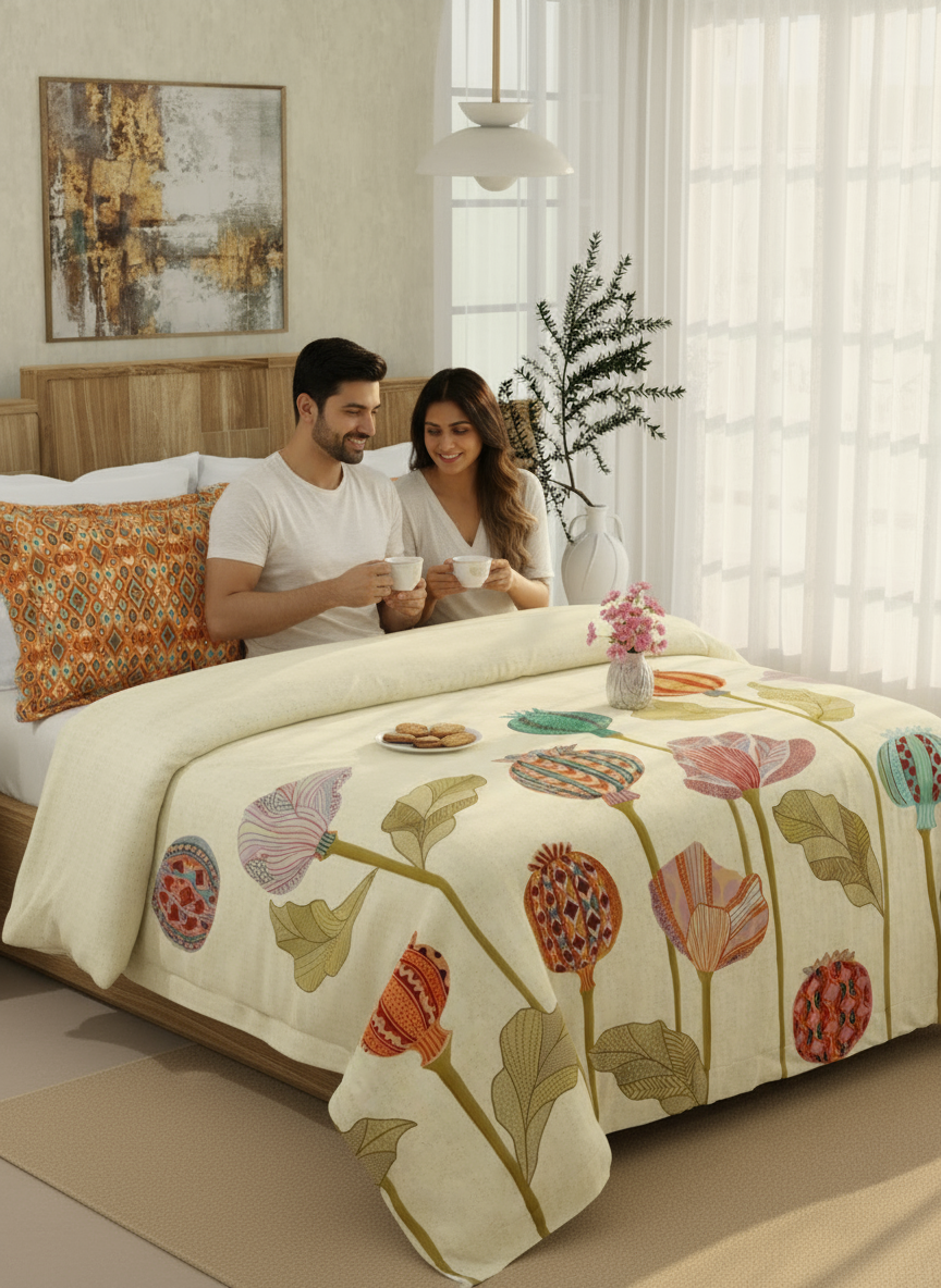 Gardenia Augusta 100% Cotton 300 TC Beige Digitally Printed King Bedsheet with 2 Pillow Covers