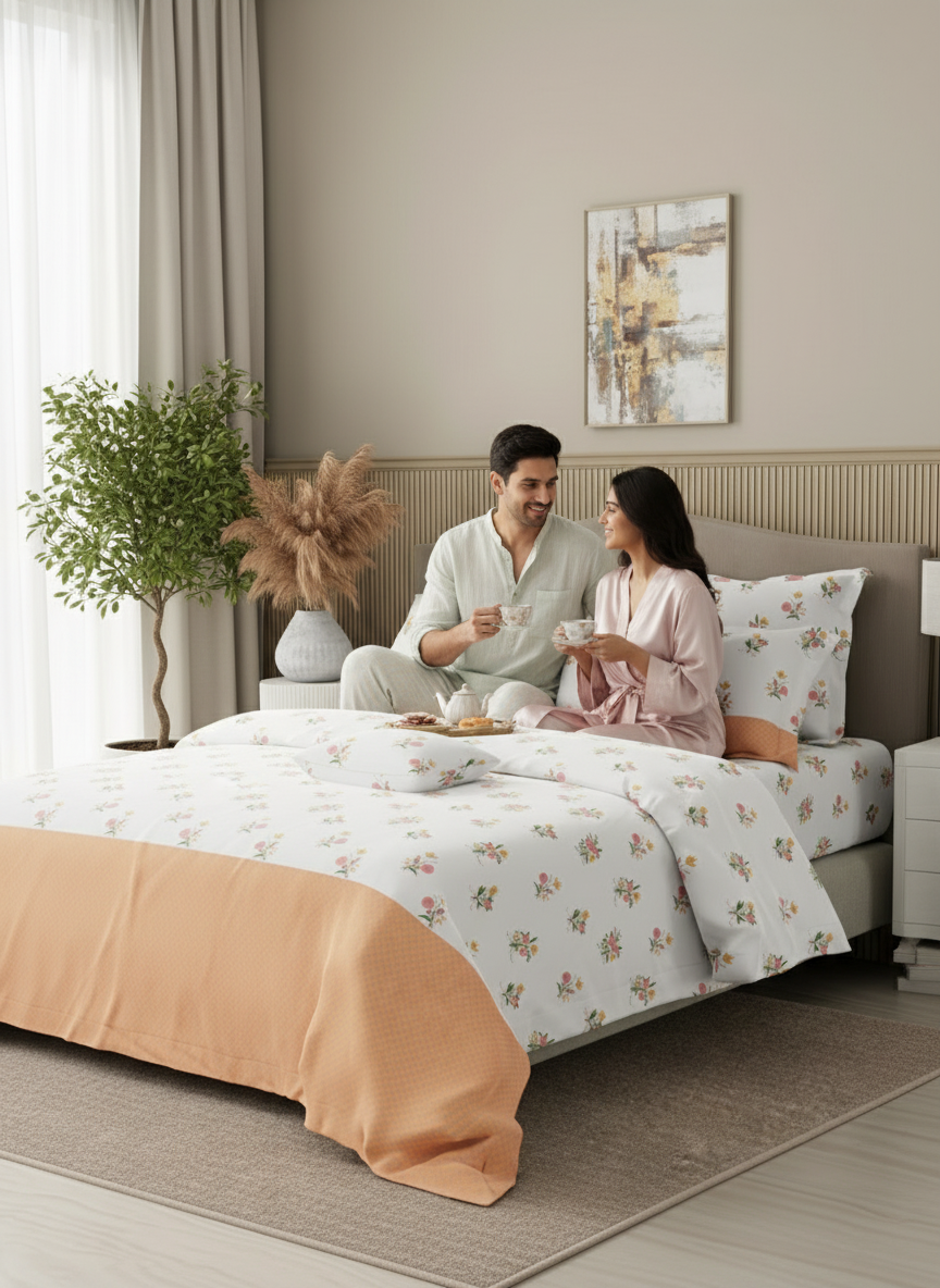 Royal Essence 100% Cotton 400 TC Pink & Orange Floral King Bedsheet with 4 Pillow Covers & 2 Cushion Covers