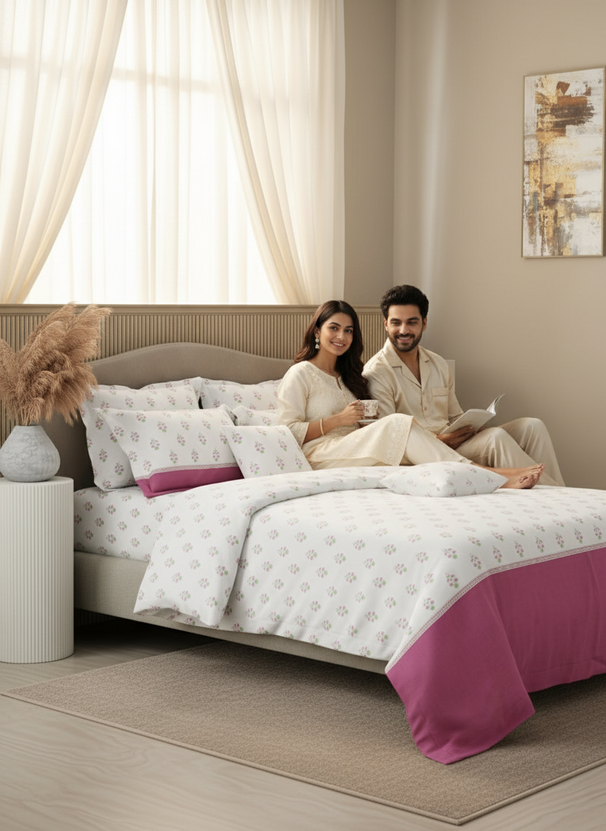 Royal Essence 100% Cotton 400 TC Pink & White Ethnic Print King Bedsheet with 4 Pillow Covers & 2 Cushion Covers