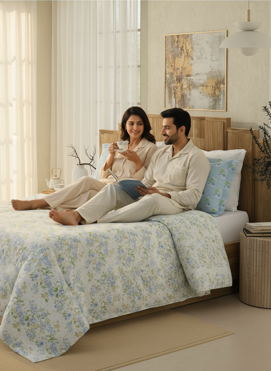 100% Cotton 300 TC Blue & White Digital Floral Print King Bedsheet with 2 Pillow Covers - Gardenia Augusta