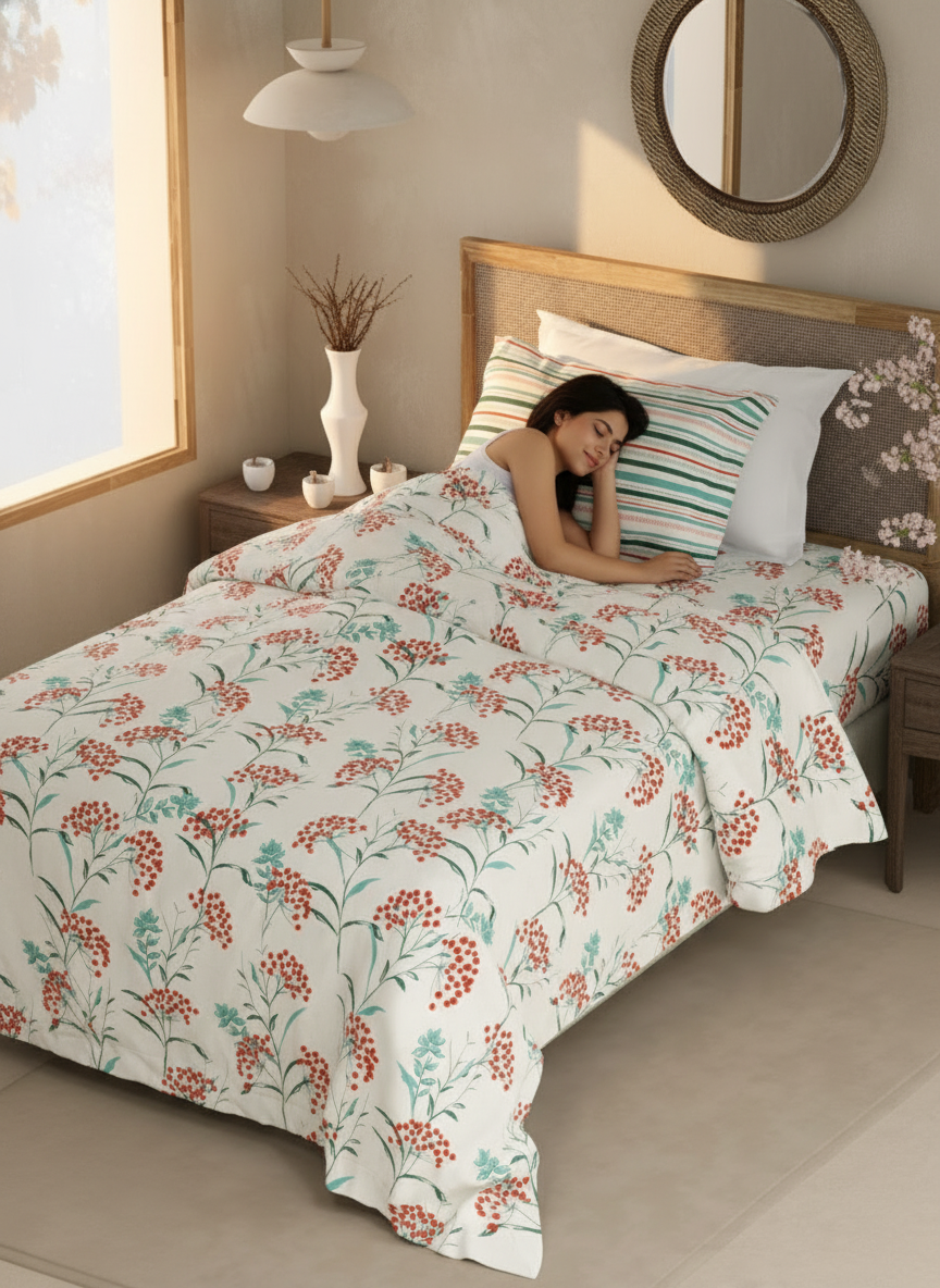 Valatia 100% Cotton 200 TC Single Bedsheet with 1 Pillow Cover - Red & Blue Floral