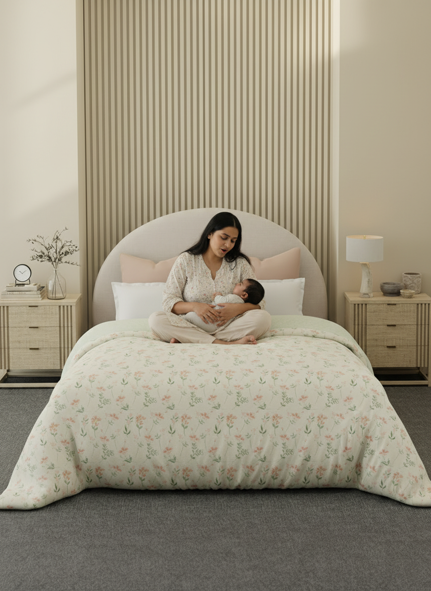 Reversible Double Comforter 100% Cotton 300 TC — Pink & Green Floral Design | For Mild Winter, All Season Cottage Garden Collection, Cozy Winter Bedding