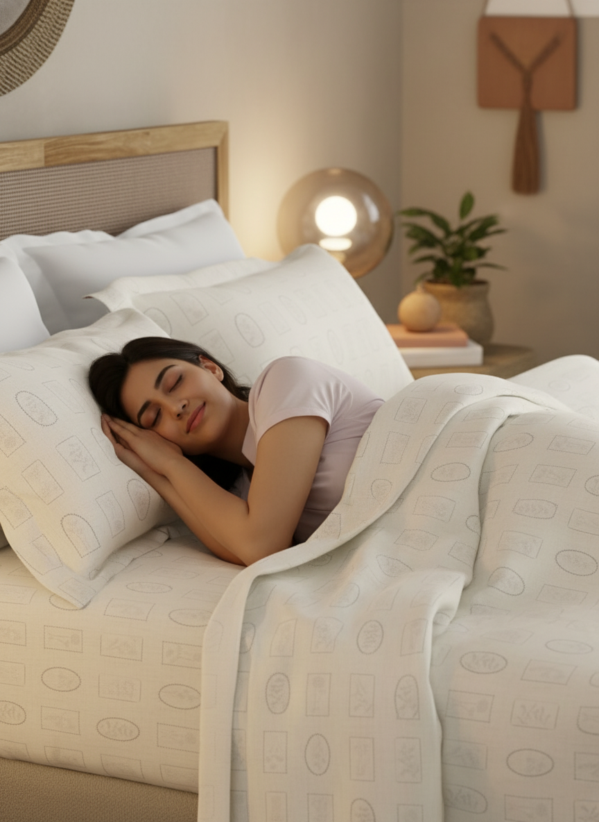100% Cotton 300 TC King Bedsheet with 2 Pillow Covers - White & Grey Geometrical Print, Cottage Garden