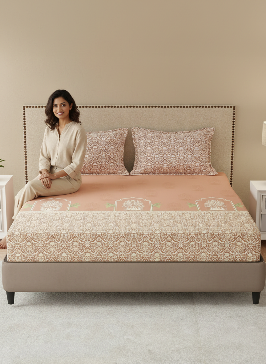 King Bedsheet Set, 100% Cotton 200 TC, Brown Floral, Valatia Tarang
