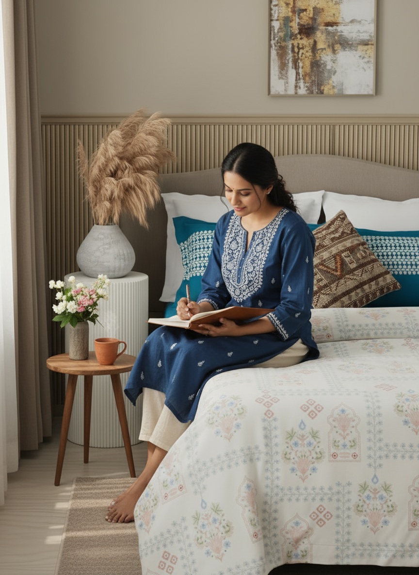 Valatia 100% Cotton 200 TC Karigari Printed Double Bedsheet with 2 Pillow Covers - Blue & White