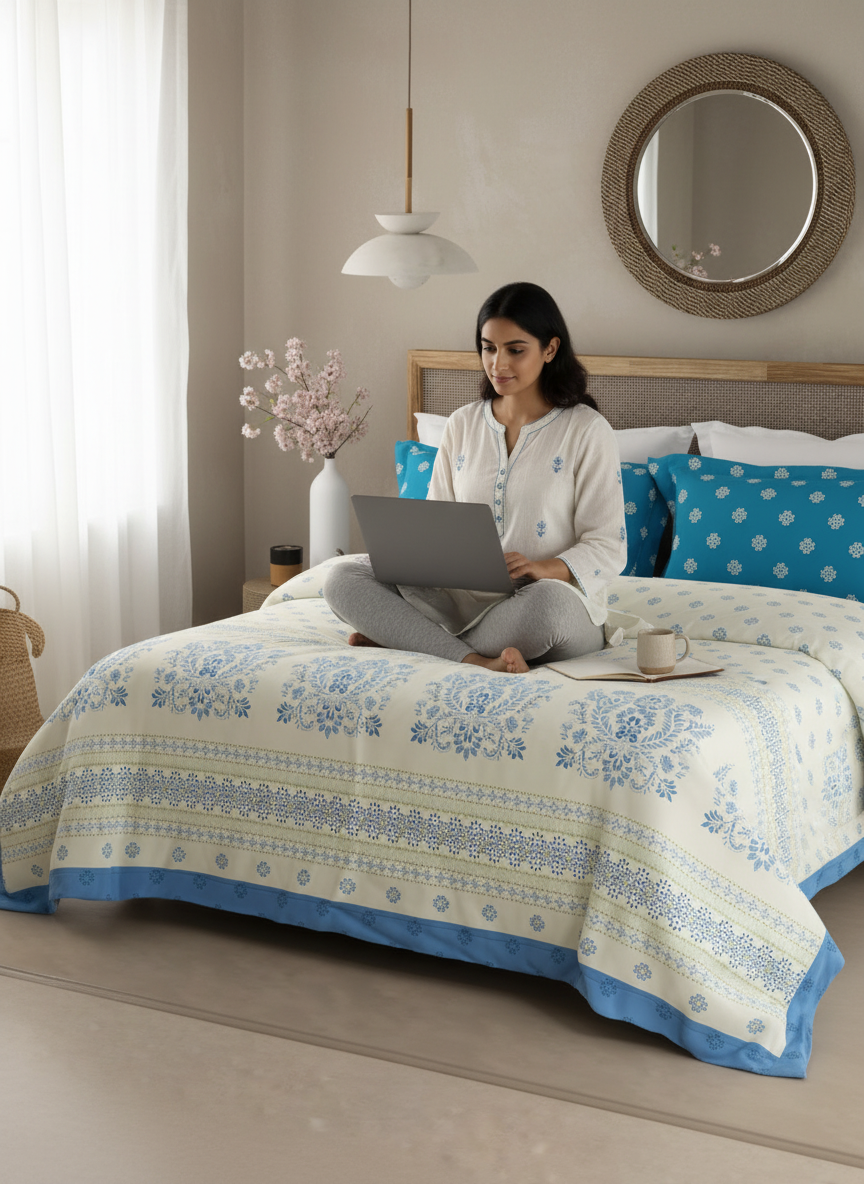 Valatia Gypsy 100% Cotton 200 TC Ethnic Printed King Bedsheet with 2 Pillow Covers - Blue & White